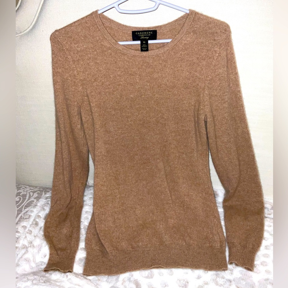 CASHMERE CLUB LUXURY PS tan sweater blouse crew neck long sleeve